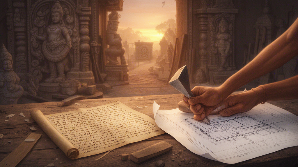 A sculptor's hands work with a chisel in a traditional stone-carving workshop at dawn, with a palm-leaf manuscript and a folded building plan nearby.