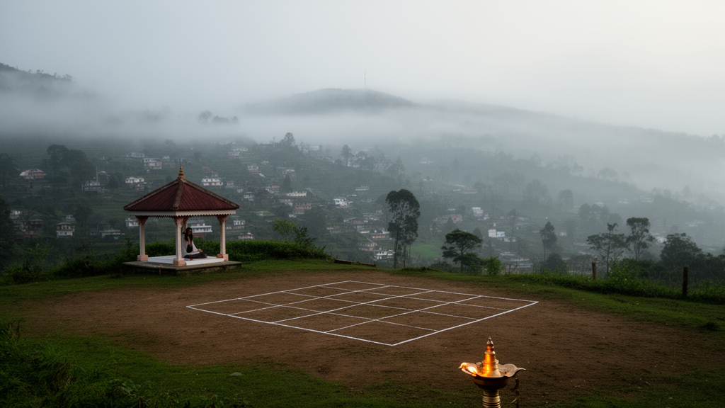 A small open-air pavilion on a misty hillside village, with a brass lamp and a marked square grid on the ground in front of distant hills.