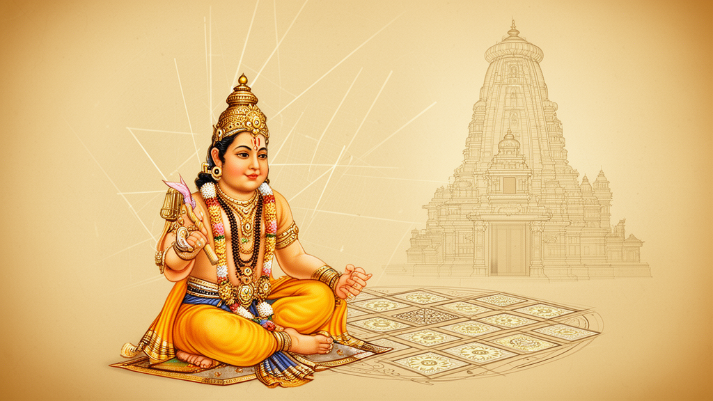 An illustration of Vishwakarma, the divine architect, seated before a sixteen-compartment grid and an unfinished temple tower, representing the text's dedication and its focus on proportion and image-making.