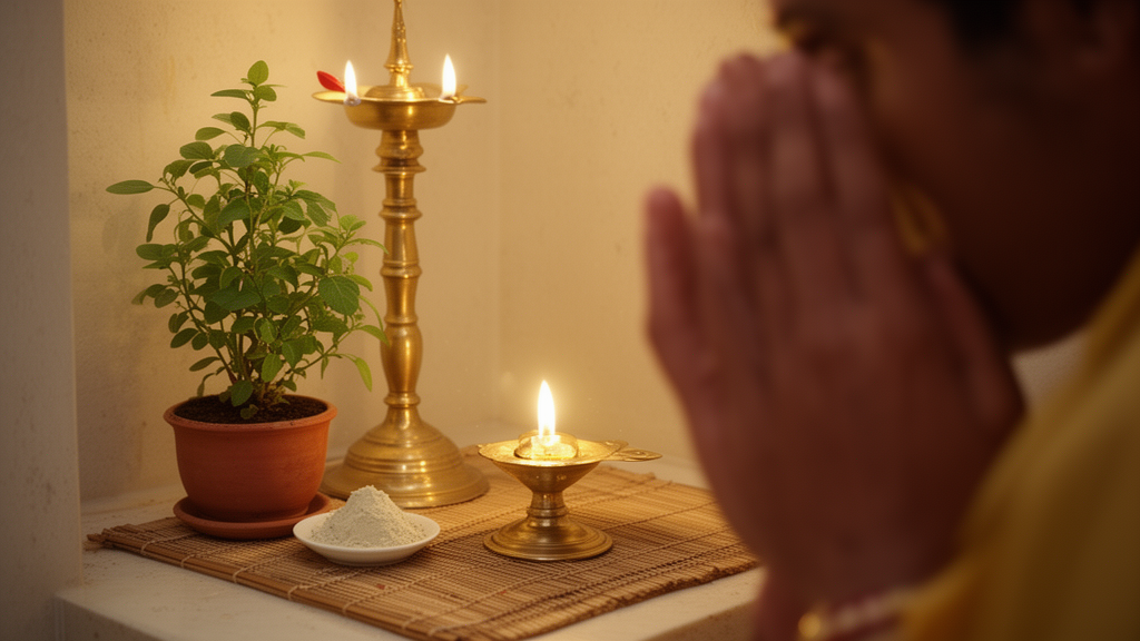 Devotional shrine scene at dawn with a brass lamp, tulsi plant, and a bowl of sacred clay, illustrating Vaishnava ritual preparation described in the Vasudeva Upanishad.