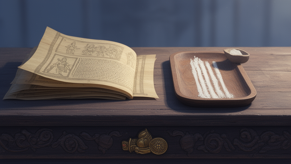 Calm editorial still life of a manuscript beside a tray with vertical sacred marks and a conch and discus motif, suggesting the Vaishnava Urdhva Pundra teachings.