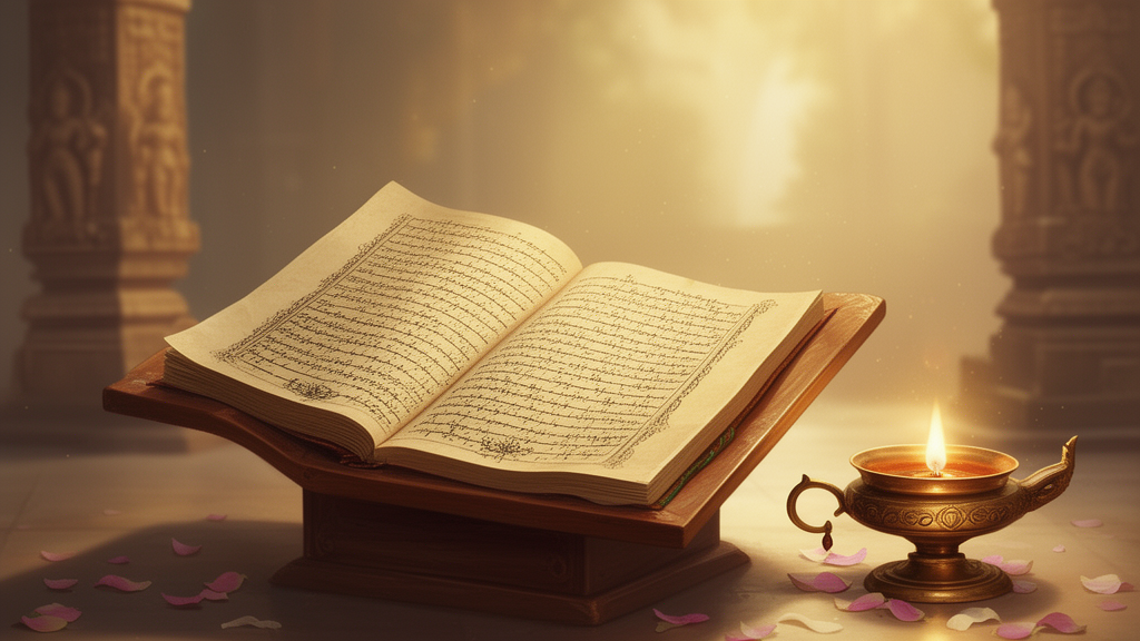 Open manuscript on a wooden lectern beside a brass oil lamp and flower petals, in a softly lit temple setting.