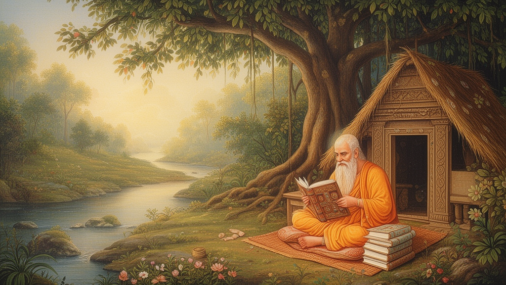 A sage reading bound manuscripts in a quiet forest hermitage beside a river and banyan tree, in a classical Indian miniature style.