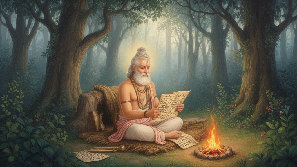 Illustration of a rishi reciting Vedic verses beside a sacred fire in a forest hermitage.