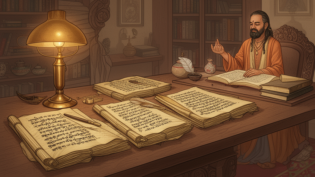 Illustration of four bundles of palm-leaf manuscripts on a study table beside a brass lamp.