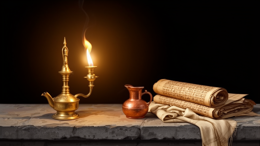 Brass oil lamp lighting a bundle of old palm-leaf manuscripts on a stone ledge.