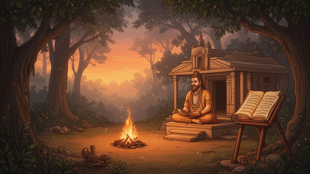 An ancient Indian forest hermitage at dawn with a small sacred fire, palm-leaf manuscripts, and a seated sage in meditation, illustrating the Aranyaka tradition of inward study.