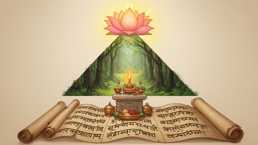 A symbolic ascending arrangement of hymn scrolls, a ritual altar, a forest grove, and a lotus, illustrating the progression from Samhita to Upanishad in the Vedic layers.