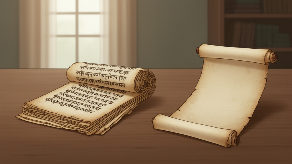 Two scrolls, one Sanskrit-style manuscript and one parchment scroll, placed side by side in a quiet study room to illustrate comparing religious texts.