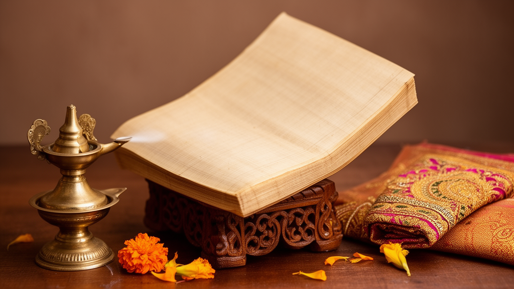 An open blank palm-leaf manuscript on a wooden stand beside a brass lamp, suggesting the study of Vedic texts.