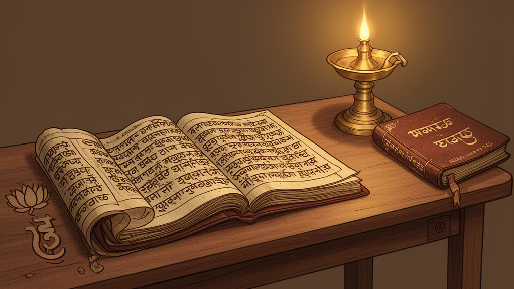 Illustration of an open palm-leaf manuscript beside a brass lamp on a wooden desk, suggesting careful study of Sanskrit and Kannada texts.