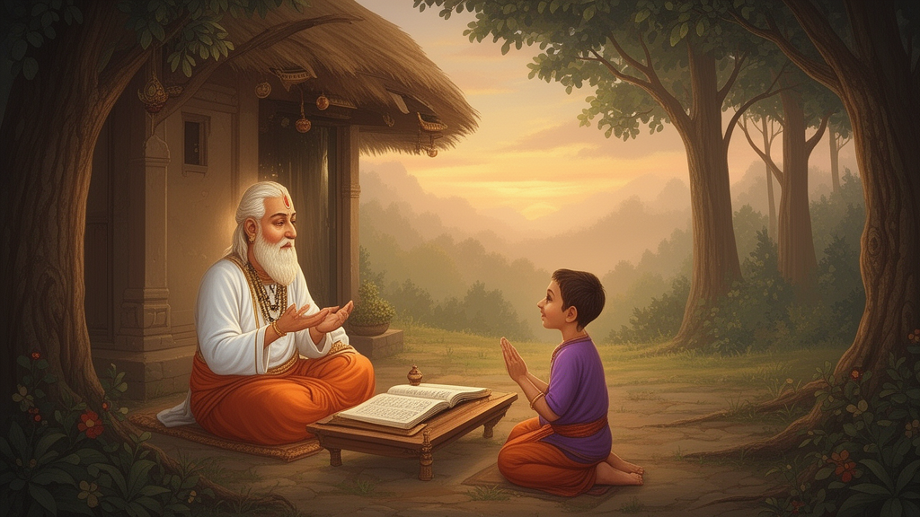 Illustration of a seated teacher speaking with a student in a forest hermitage at dawn, representing the traditional teacher-student setting associated with the Upanishads.