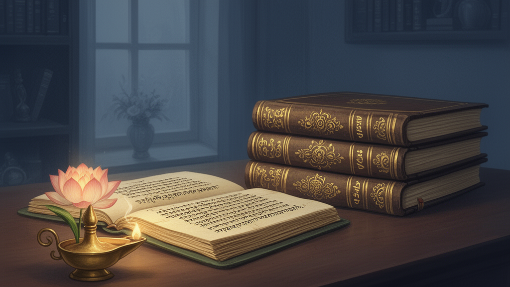 Illustration of palm-leaf manuscripts and a brass lamp in a quiet study room, representing the study of the Vedas and Upanishads.