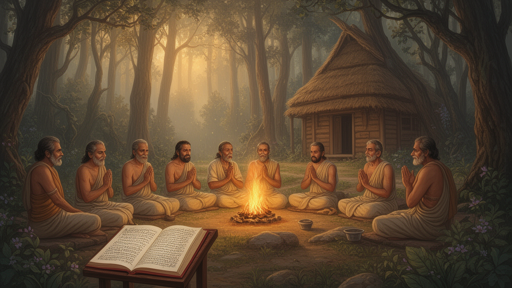 Sages reciting Vedic hymns beside a small sacred fire at dawn in a forest hermitage, with an open palm-leaf manuscript in the foreground.