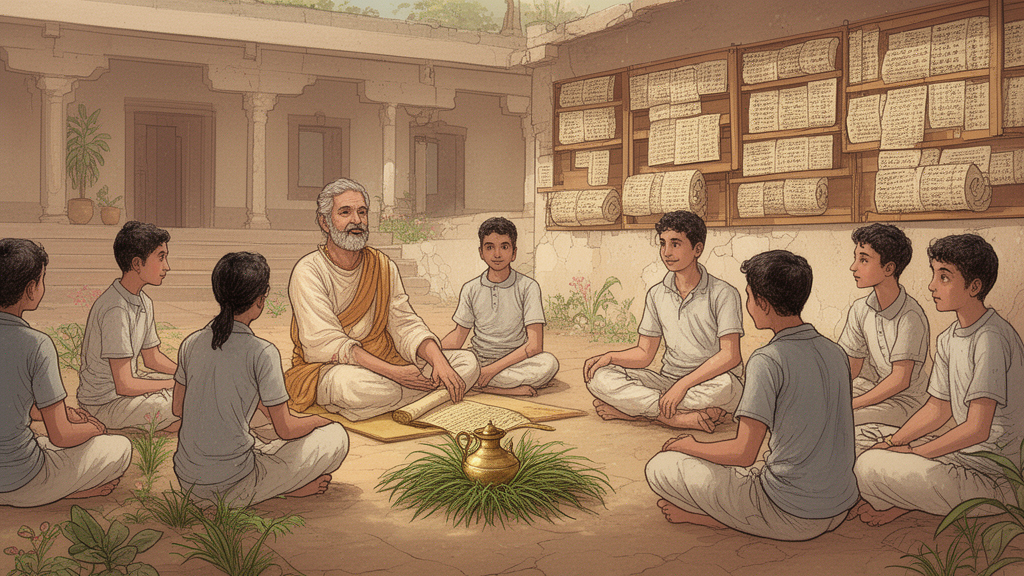 A teacher and students seated in a courtyard during oral recitation of Vedic verses, with a manuscript and brass vessel nearby.