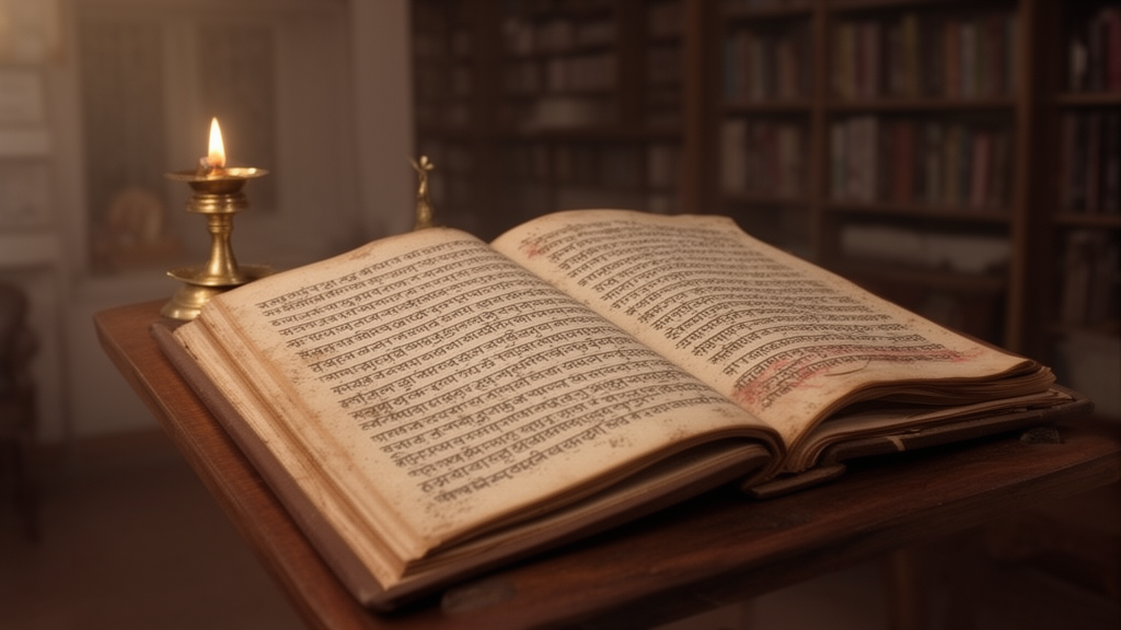 Open palm-leaf manuscript on a wooden lectern beside a small brass oil lamp in a quiet library, illustrating the study of Vedanta scriptures.