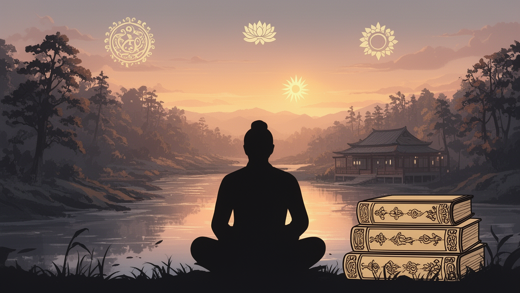 A seated teacher's silhouette facing a dawn river forest beside stacked volumes, illustrating the contemplative study of Vedanta texts.