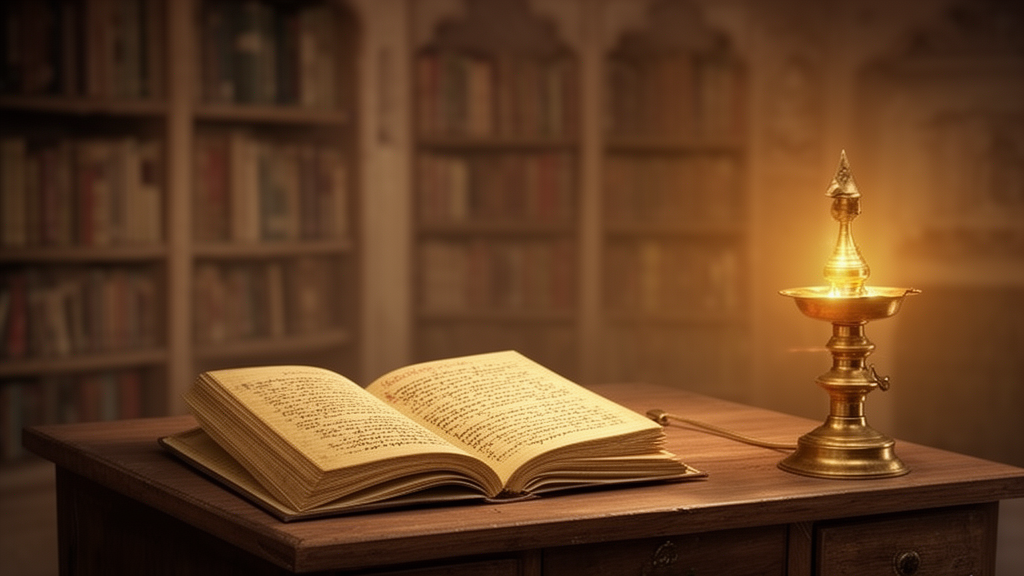 An open palm-leaf manuscript and a brass oil lamp on a wooden desk, suggesting the study of Vedanta texts.