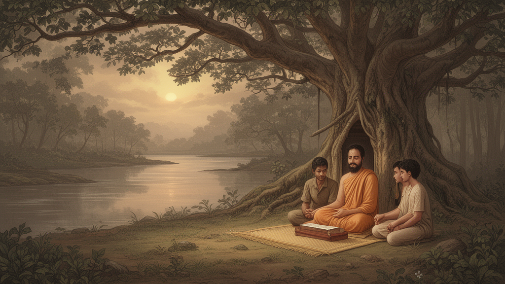 A teacher and two students seated under a banyan tree beside a river, illustrating traditional guru-shishya study of philosophical texts.
