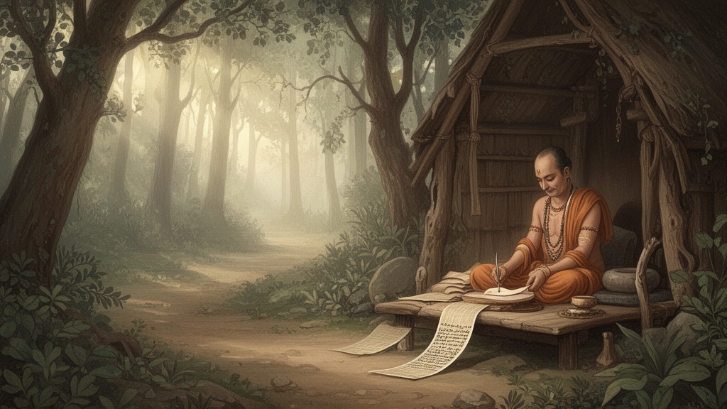 Illustration of a scholar writing on palm-leaf manuscripts in a quiet forest hermitage in soft morning light.