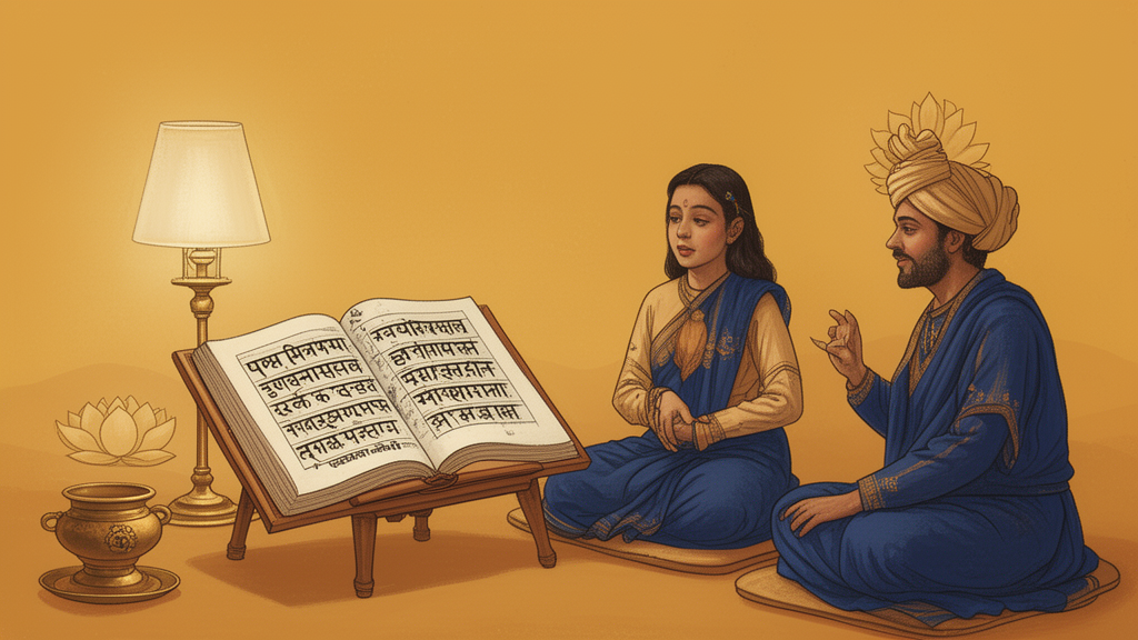 Illustration of an open palm-leaf manuscript on a stand beside a lamp, with a teacher and student in quiet discussion.