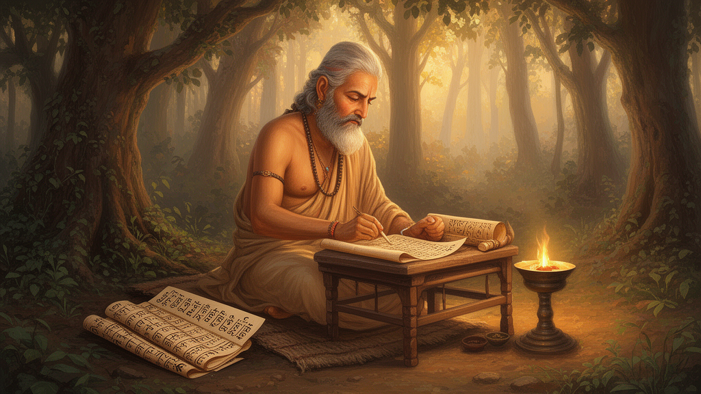 An illustration of the sage Vyasa seated in a forest hermitage at dawn, writing on palm-leaf manuscripts beside a small lamp.
