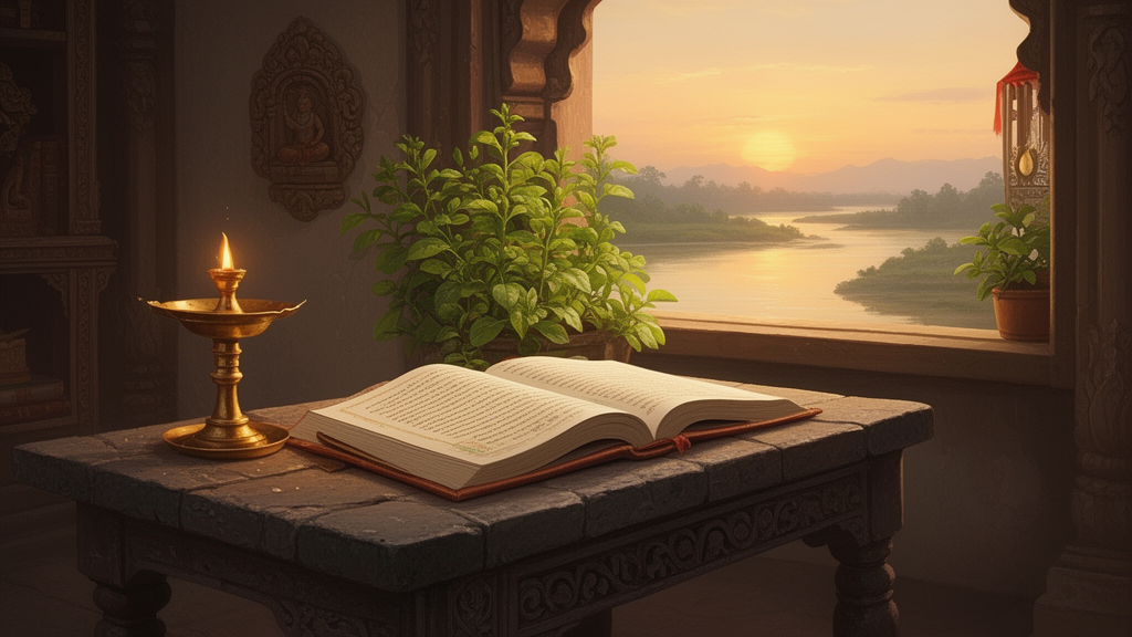 A quiet study room with an open manuscript on a stone table, a brass lamp, and a tulsi plant near a window overlooking a river at sunrise.