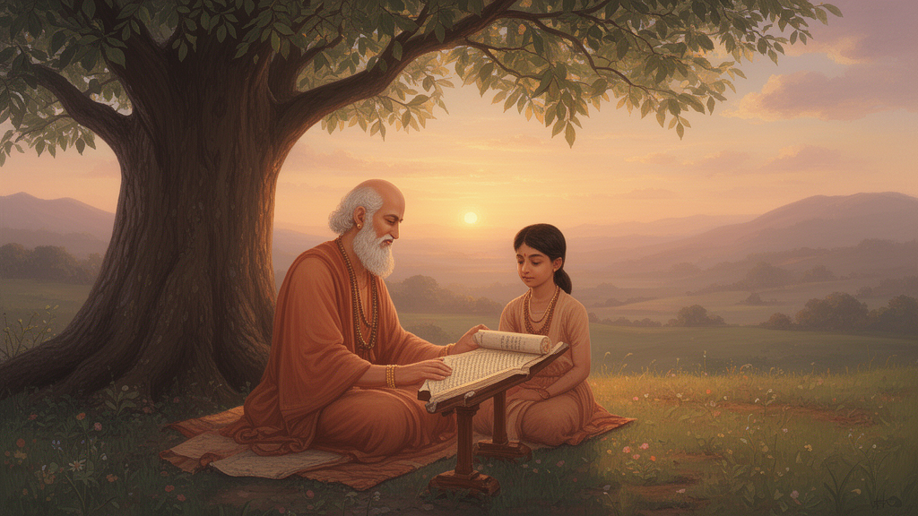 An illustrated teacher and student sit together under a tree at dawn, with open palm-leaf manuscripts before them, representing the Upanishad tradition of learning from a teacher.