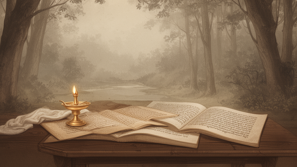 Open scripture pages on a low wooden table beside a brass lamp and a forest backdrop, representing the study of the Vedas in a traditional setting.