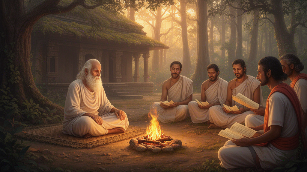 Illustration of a teacher seated beside a sacred fire in a forest hermitage while students sit attentively with closed palm-leaf manuscripts, suggesting the traditional setting of Upanishadic instruction.
