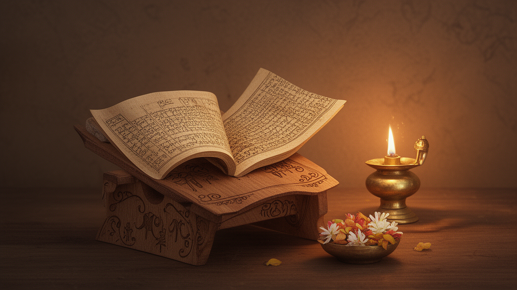 Illustration of an open palm-leaf manuscript on a wooden stand beside a lit brass lamp, representing the study of Vedic and Upanishadic texts.