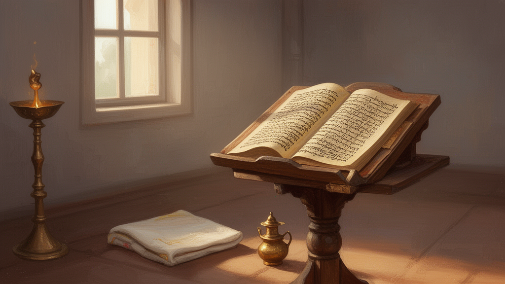 An open palm-leaf manuscript rests on a wooden lectern in a quiet hall, with a lamp, cloth and brass vessel beside it, illustrating the study of Vedic texts.