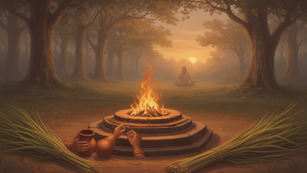 A Vedic fire altar with a priest’s hands near a clay vessel and grass bundle, with a forest clearing at dawn behind it, illustrating the ritual setting of the Brahmanas and the move toward reflection in the Upanishads.