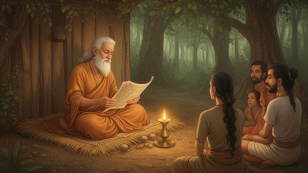 A sage seated in a forest hermitage reciting from a palm-leaf manuscript while listeners sit nearby beside a small brass lamp.
