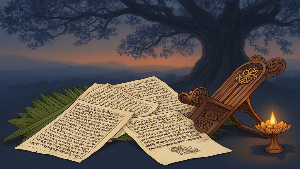 Open palm-leaf and paper manuscripts placed on a wooden stand beside a lotus-shaped lamp, with a banyan tree at dusk.