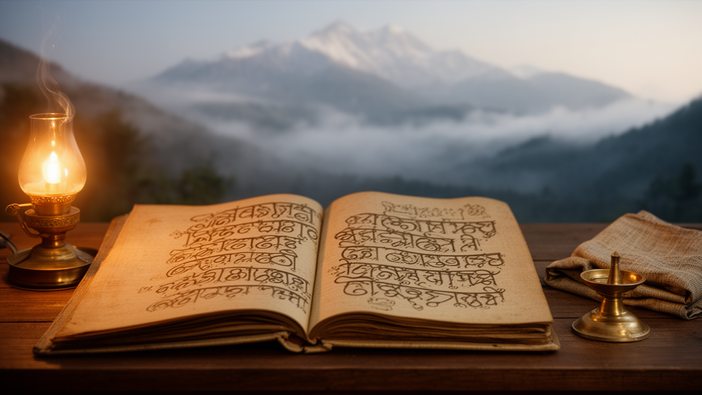 Open palm-leaf manuscript on a wooden table beside a brass oil lamp, with misty hills behind it, illustrating the manuscript tradition of Hindu scripture.