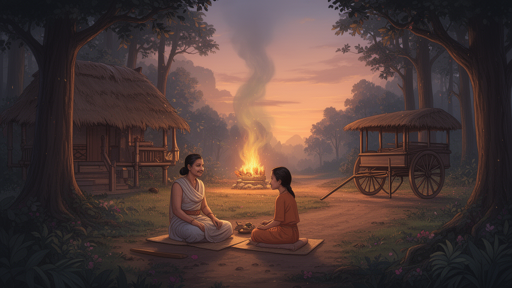 A seated student listens to a teacher in a forest hermitage at dawn, with a distant fire altar, illustrating the teacher-student setting associated with the Upanishads.