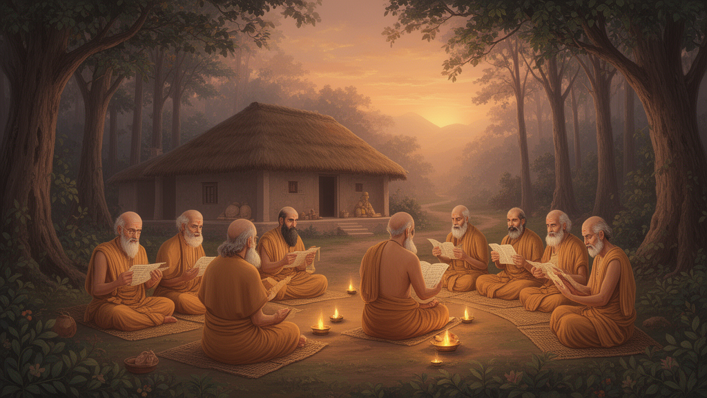 Sages seated in an ancient forest hermitage at dawn reciting from palm-leaf manuscripts beside an oil lamp, illustrating Vedic oral recitation.