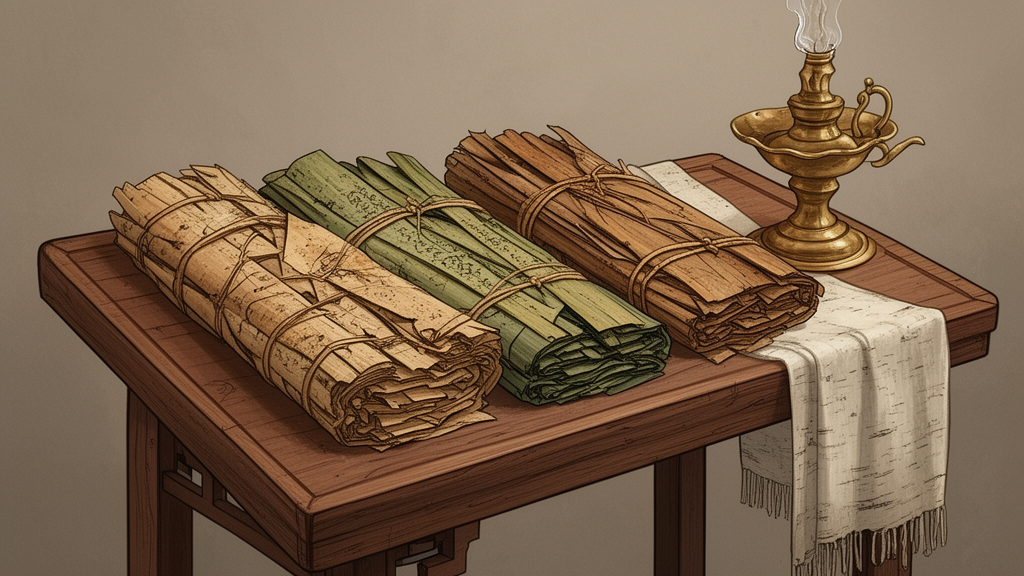 Four separate bundles of old manuscripts on a wooden lectern beside a brass lamp, representing the four Vedic collections studied today.