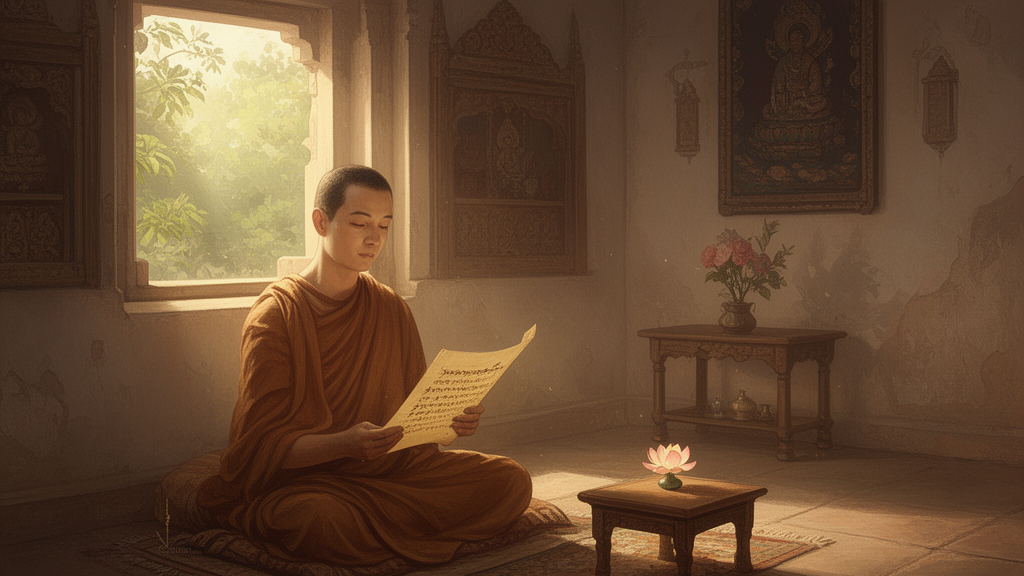 Illustration of a seated lay Buddhist householder in a sunlit room holding a palm-leaf scroll beside a lotus flower, suggesting the lay practitioner ideal of the Vimalakirti Sutra.