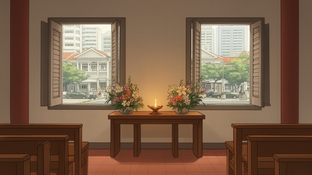 Illustration of a calm Buddhist hall in Singapore with a simple altar, an unlit oil lamp, flowers, and wooden seating, representing a community meeting space.