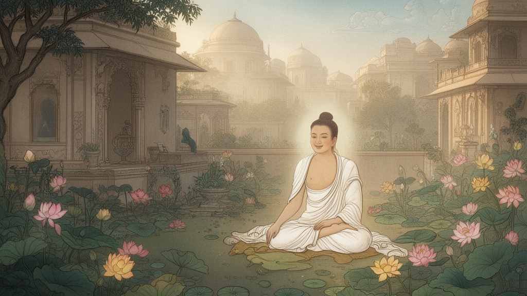 a seated lay bodhisattva in white robes beside lotus flowers in a garden in an ancient Indian city, rendered in a respectful Buddhist art style.