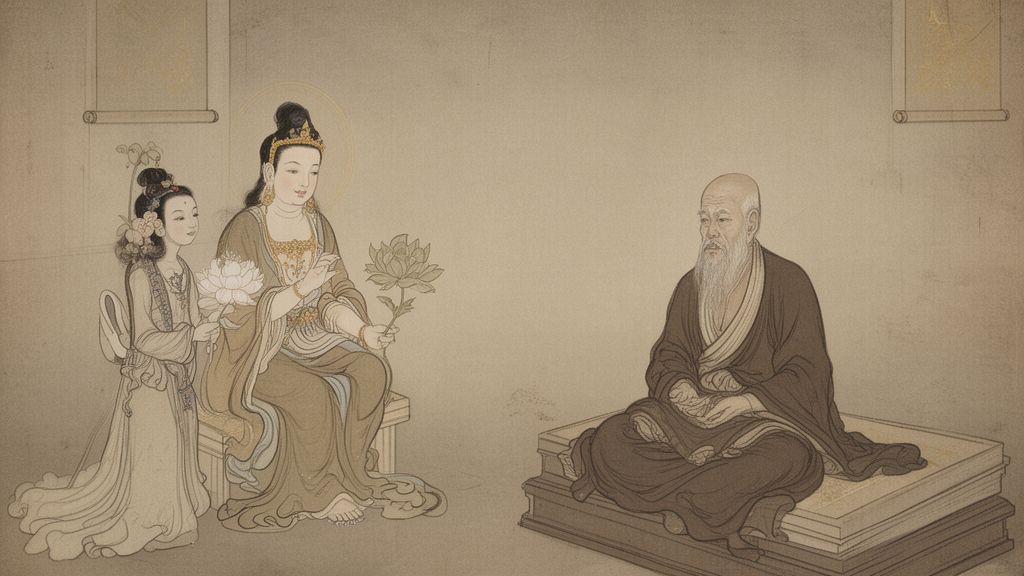 Illustration of two figures in quiet conversation in a simple room, one a householder seated on a low couch and the other a bodhisattva, with a calm and silent atmosphere.