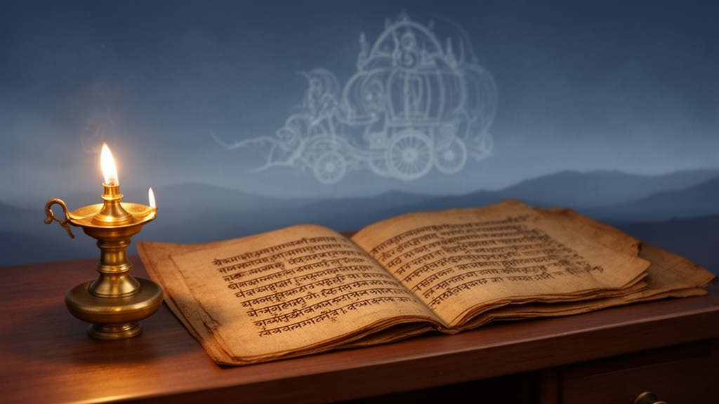 Open Sanskrit manuscript on a wooden desk beside a brass lamp, with a faint celestial chariot shape in the background sky.