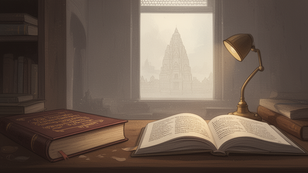 A scholar's desk with a bound Sanskrit book and an open translation beside a reading lamp, with a temple spire visible through a window.