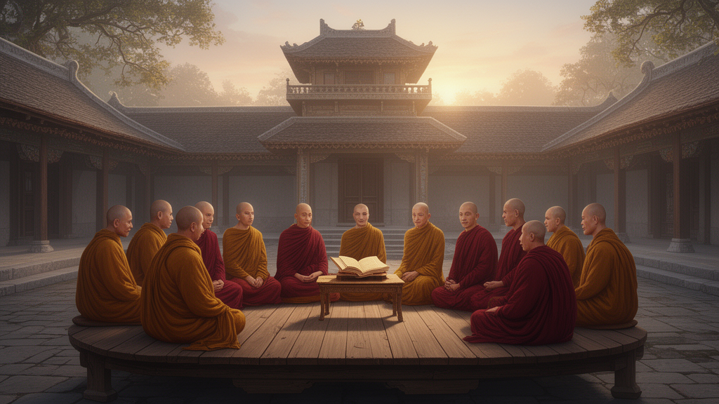 Monks in saffron and maroon robes sit in a semicircle at dawn in a traditional Buddhist monastery courtyard, with an open manuscript on a low table.