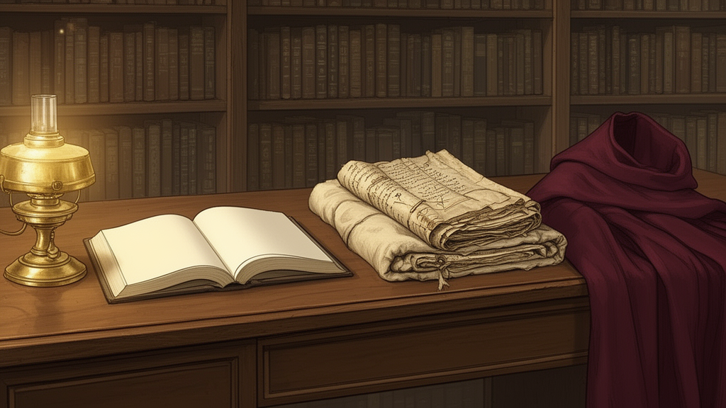 An open blank-paged book, old wrapped manuscripts, a brass lamp, and a folded monastic robe rest on a wooden desk in a quiet library.