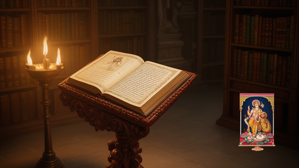 Open traditional manuscript on a wooden stand in a temple library with lamplight, and a small painted image of Vishnu holding a conch and discus in the margin.