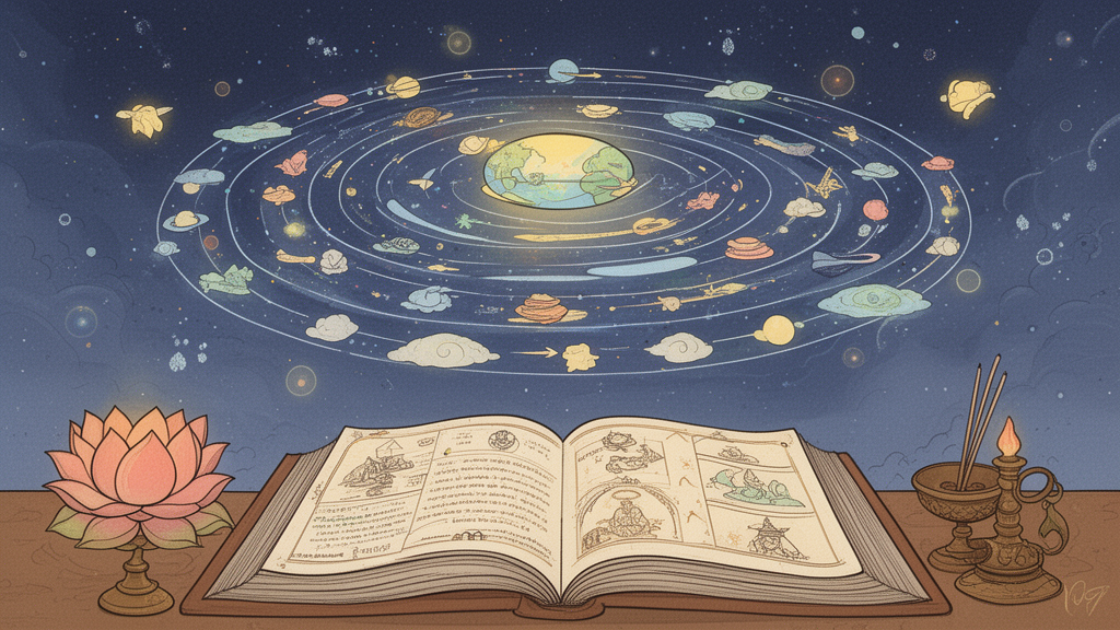 Illustrated sacred manuscript beneath stylized rings of sky and earth, with a lotus and lamp beside a reading desk, suggesting the cosmological content of Puranic texts.
