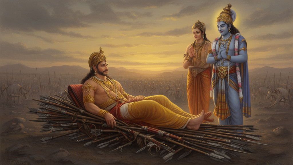 Painted scene of Bhishma resting on a bed of arrows on a battlefield at dusk, with Yudhishthira listening beside him and Krishna nearby, illustrating the setting in which the Vishnu Sahasranama is said to be taught.